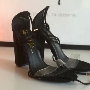 Suede Chunk heels “wrap around leg”